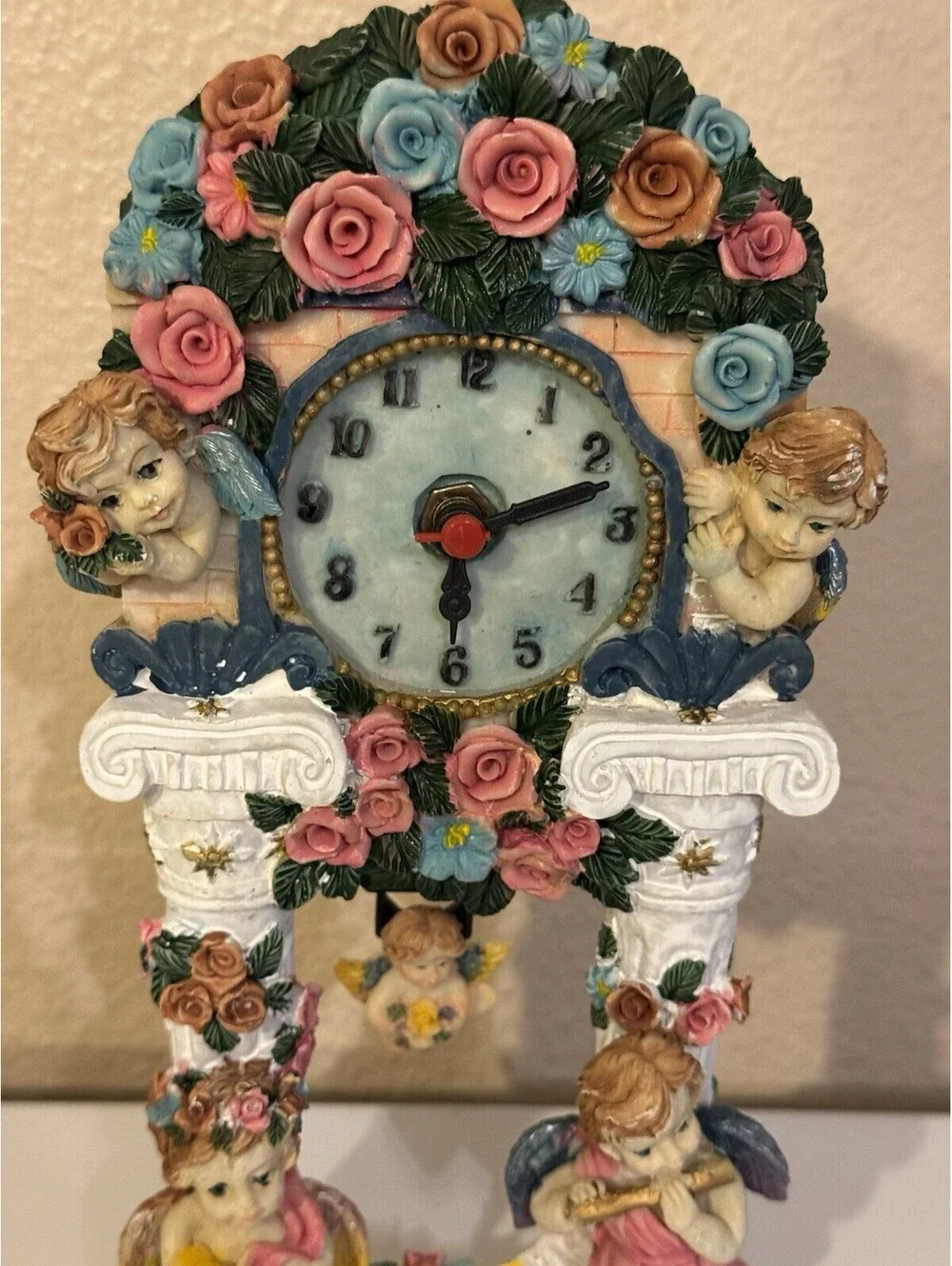 Vintage Cherub Angel Pendulum Clock Roses Floral Resin 9” Mantel AS IS Repair